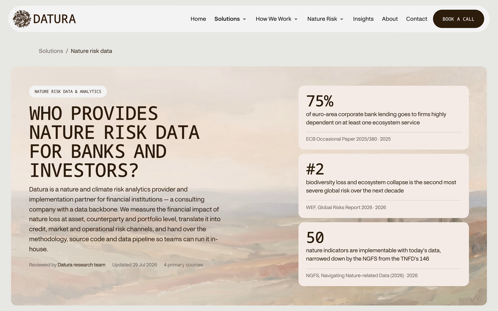 Screenshot of the Datura answer page “Who provides nature risk data for banks and investors?” with three sourced figures